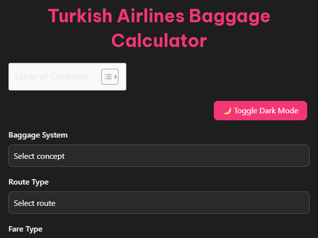 Turkish Airlines Baggage Calculator